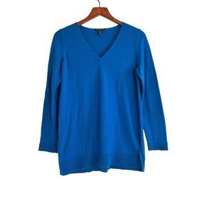 Eileen Fisher Womens Merino Wool V-Neck Pullover Sweater Blue Size Large